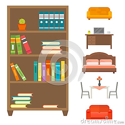 Furniture home decor icon set indoor cabinet interior room library office bookshelf modern restroom silhouette Vector Illustration