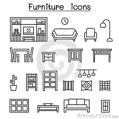 Furniture & Home decorate items icon set in thin line style Vector Illustration