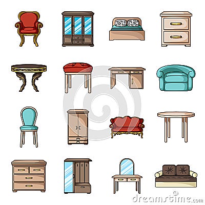 Furniture and home interior set icons in cartoon style. Big collection of furniture and home interior vector symbol Vector Illustration