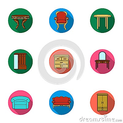 Furniture and home interior set icons in flat style. Big collection of furniture Vector Illustration