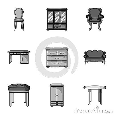 Furniture and home interior set icons in monochrome style. Big collection of furniture Vector Illustration