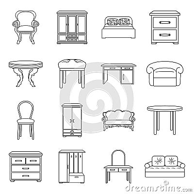 Furniture and home interior set icons in outline style. Vector Illustration