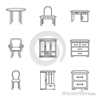 Furniture and home interior set icons in outline style. Vector Illustration