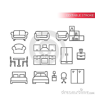 Furniture, home interior thin line vector icons. Vector Illustration