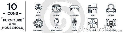 furniture.and.household linear icon set. includes thin line globe, table linens, fauteuil, bedroom lamp, curtain, room divider, Vector Illustration