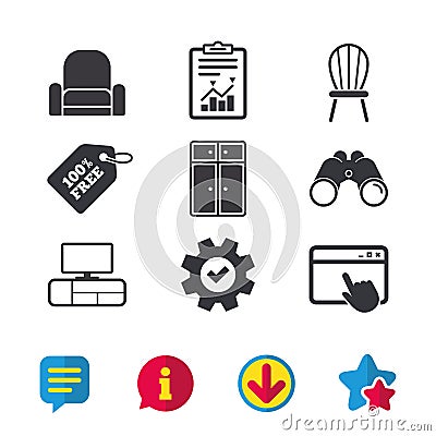 Furniture icons. Cupboard, chair and TV table. Vector Illustration