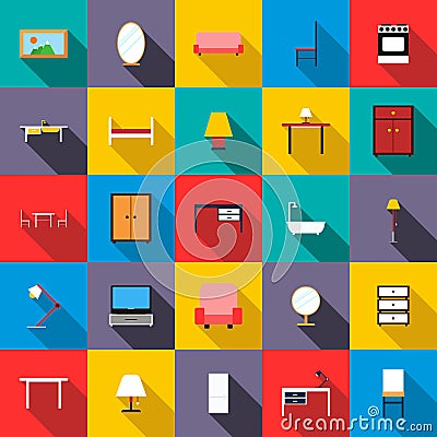 Furniture icons set, flat style Vector Illustration