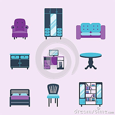 Furniture interior icons home design modern living room house comfortable apartment vector illustration Vector Illustration