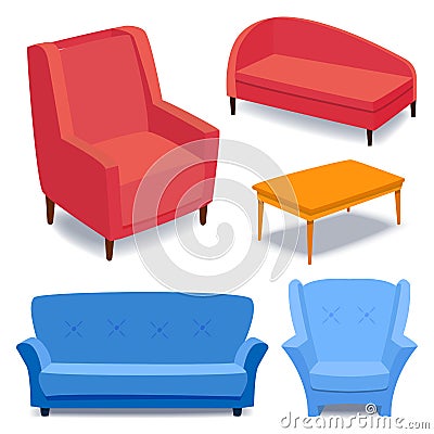 Furniture interior icons home design modern living room house sofa comfortable apartment couch vector illustration Vector Illustration