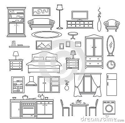 Furniture Items Line Set Vector Illustration