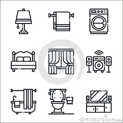 furniture line icons. linear set. quality vector line set such as cabinet, toilets, bath, speaker, curtains, bed, washing machine Vector Illustration