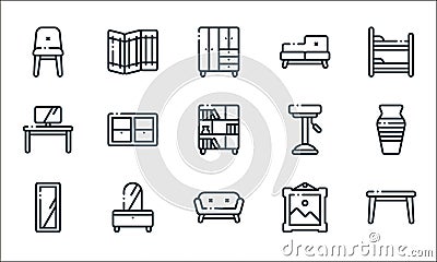 furniture line icons. linear set. quality vector line set such as side table, couch, mirror, frame, dressing table, desk, stool, Vector Illustration