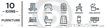 furniture linear icon set. includes thin line dehumidifier, window, small saucepan, bathtub, wc, heating, porch swing icons for Vector Illustration
