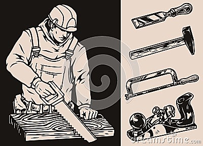 Furniture maker and tools elements set Vector Illustration