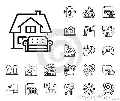 Furniture moving line icon. Home sofa sign. Floor plan, stairs and lounge room. Vector Stock Photo