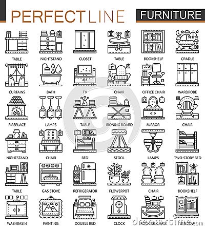 Furniture outline mini concept symbols. Interior furniture modern stroke linear style illustrations set. Perfect thin Vector Illustration