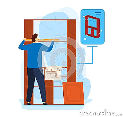 Furniture shelf repair, worker man build wooden construction, vector illustration. Male repairman do renovation with Vector Illustration