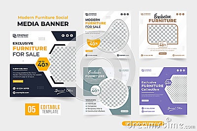 Furniture store promotional web banner bundle vector with creative shapes. Exclusive furniture sale social media post collection Vector Illustration