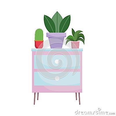 Furniture table drawers and potted plants isolated design white background Vector Illustration