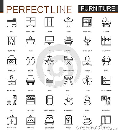 Furniture thin line web icons set. Outline stroke icon design. Vector Illustration