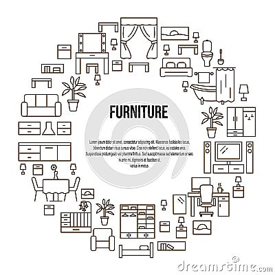 Furniture vector circle template with braun flat line icons. Concept for web banners and printed materials. Interior design. Vector Illustration