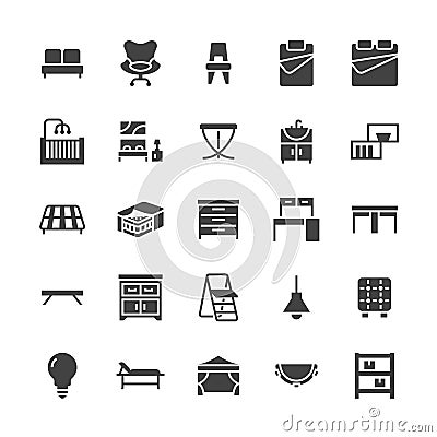 Furniture vector flat glyph icons. Living room sink, bedroom, mattress, office chair, sofa, garden tent dining table Vector Illustration