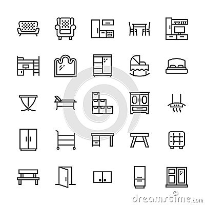 Furniture vector flat line icons. Living room tv stand, bedroom, baby crib, kitchen exhaust hood, sofa, nursery, dining Vector Illustration