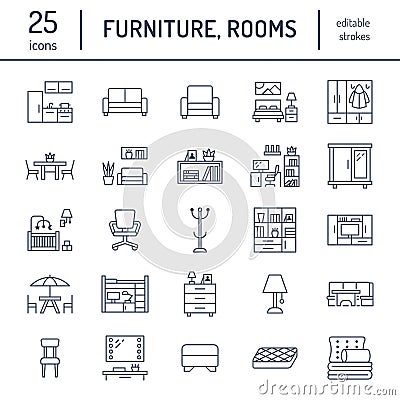 Furniture vector flat line icons. Living room tv stand, bedroom, home office, kitchen corner bench, sofa, nursery Vector Illustration