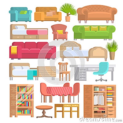 Furniture vector furnishings design of bedroom with bedding on bed in furnished interior of apartment and furnishing Vector Illustration