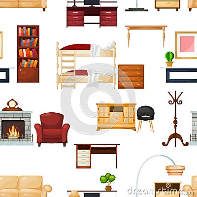 Furniture vector furnishings design of living-room interior in apartment set of sofa table with drawers to furnish room Vector Illustration