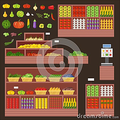 Furniture for vegetable and fruit shop. Counter, show-window Vector Illustration