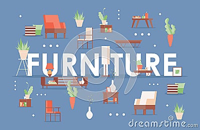Furniture word flat banner template. Home decoration, chairs, armchairs, furniture store poster concept. Vector Illustration