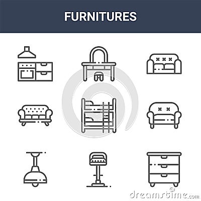 9 furnitures icons pack. trendy furnitures icons on white background. thin outline line icons such as chest of drawers, divan, Vector Illustration