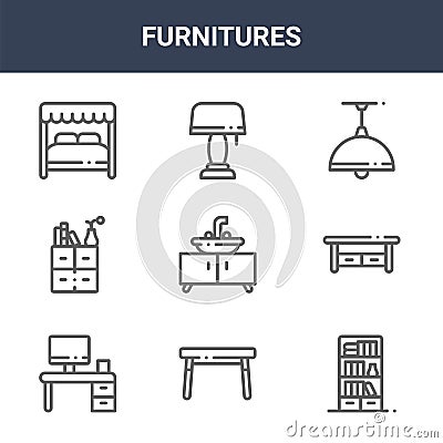 9 furnitures icons pack. trendy furnitures icons on white background. thin outline line icons such as shelves, table, lamp . Vector Illustration