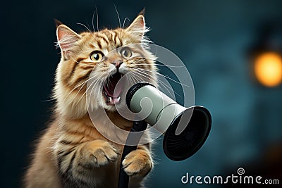 Furry announcer Cat uses hand speaker for clear, attention grabbing messages Stock Photo