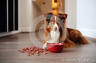 Furry dog near dry food bowl. Generate ai Stock Photo