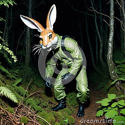 furry fetish, spooky man dressed as a green rabbit walking in the forest at night , flash photography Stock Photo