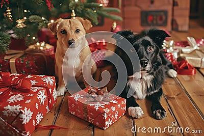 Furry Friends Celebrate Christmas With Wrapped Presents On Rustic Flooring Standard Stock Photo