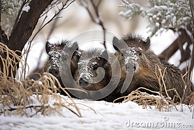 Furry javelina animals in winter snowy season. Generate ai Stock Photo