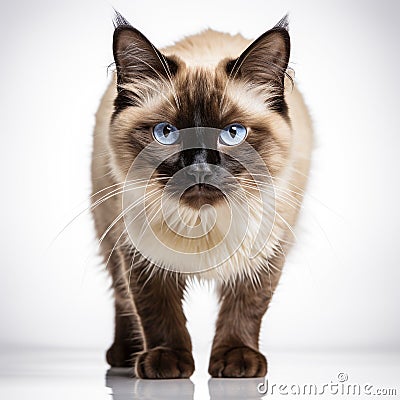 Furry Siamese cat with captivating whiskers sits on white Stock Photo