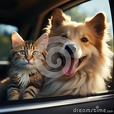 Furry travel buddies Dog and cat happily share car journey Stock Photo