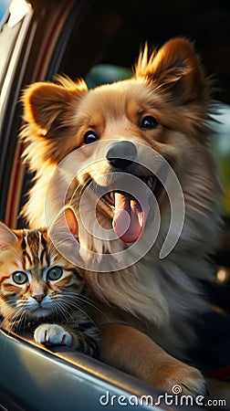 Furry travel buddies Dog and cat happily share car journey Stock Photo