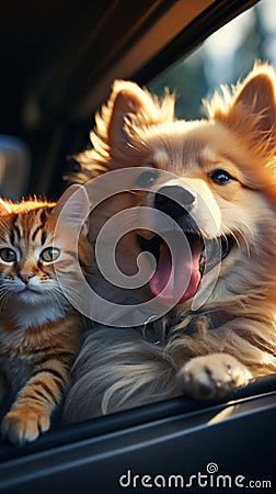 Furry travel buddies Dog and cat happily share car journey Stock Photo