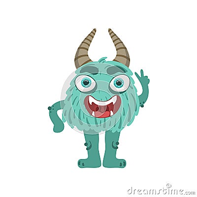 Furry Turquoise Friendly Monster With Horns Vector Illustration