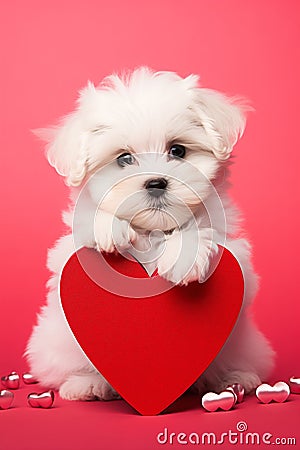 Furry Valentine: A Cute Puppy's Sweet Surprise Stock Photo