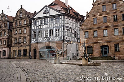 Furth, Germany, January 2020. The Circus fountain in the square of the German city of Furth. Gauklerbrunnen. Bavaria Editorial Stock Photo