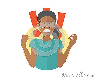 Fury evil black girl in glasses. Woman in rage, wrath, rampage. Flat design icon. Simply editable isolated vector illustration Vector Illustration