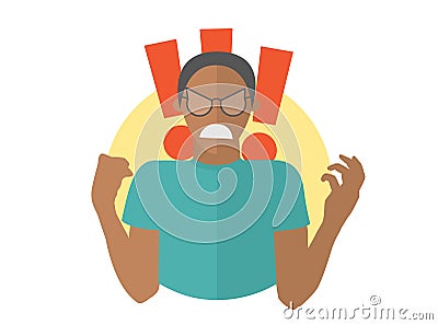 Fury evil black man in glasses. Boy in rage, wrath, rampage. Flat design icon. Simply editable isolated vector illustration Vector Illustration