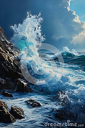 Fury Unleashed: A Closeup of Dynamic Wave Breaking on a Rocky Sh Stock Photo