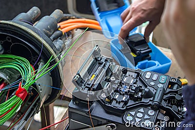 Fusion splicing machine, Fiber Optic Cable, Connectors, Termination, Tools. Stock Photo